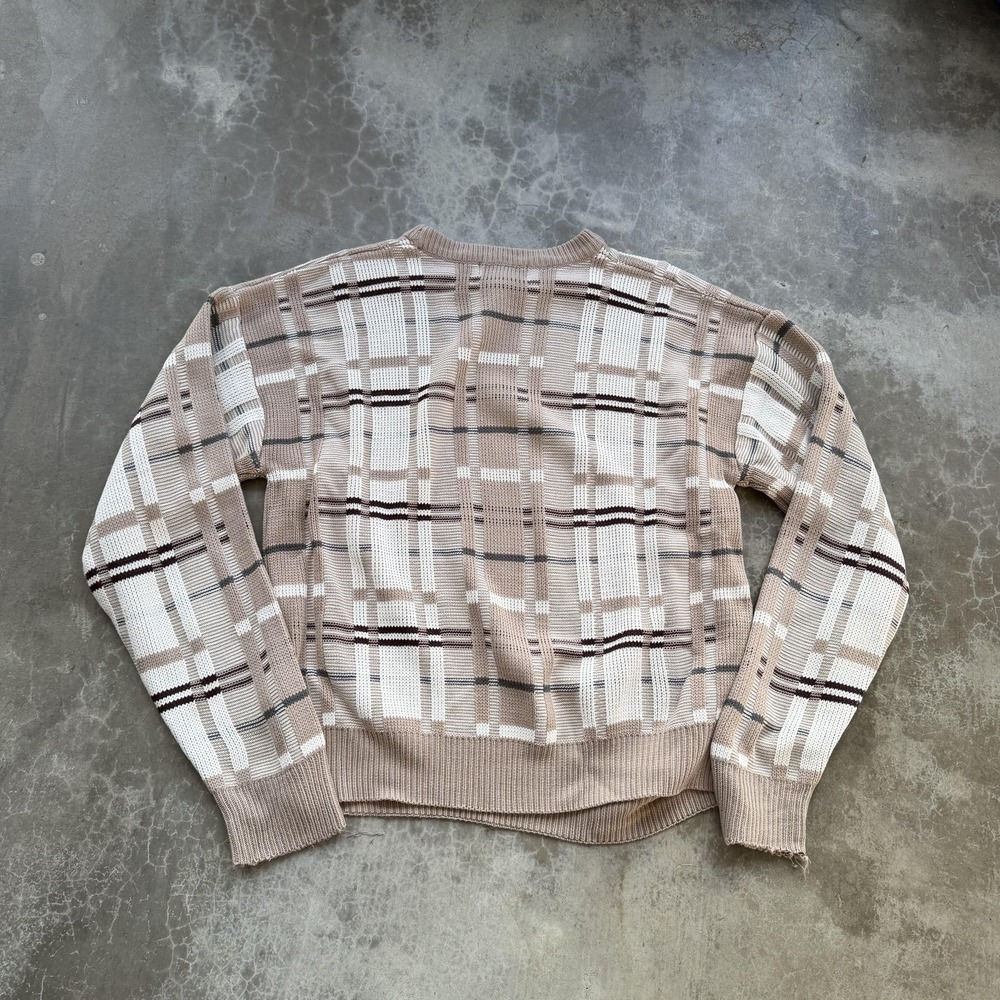 Vintage Sweater Mens Small Beige Plaid Knit Crewneck Pullover Long Sleeve - Picture 6 of 6